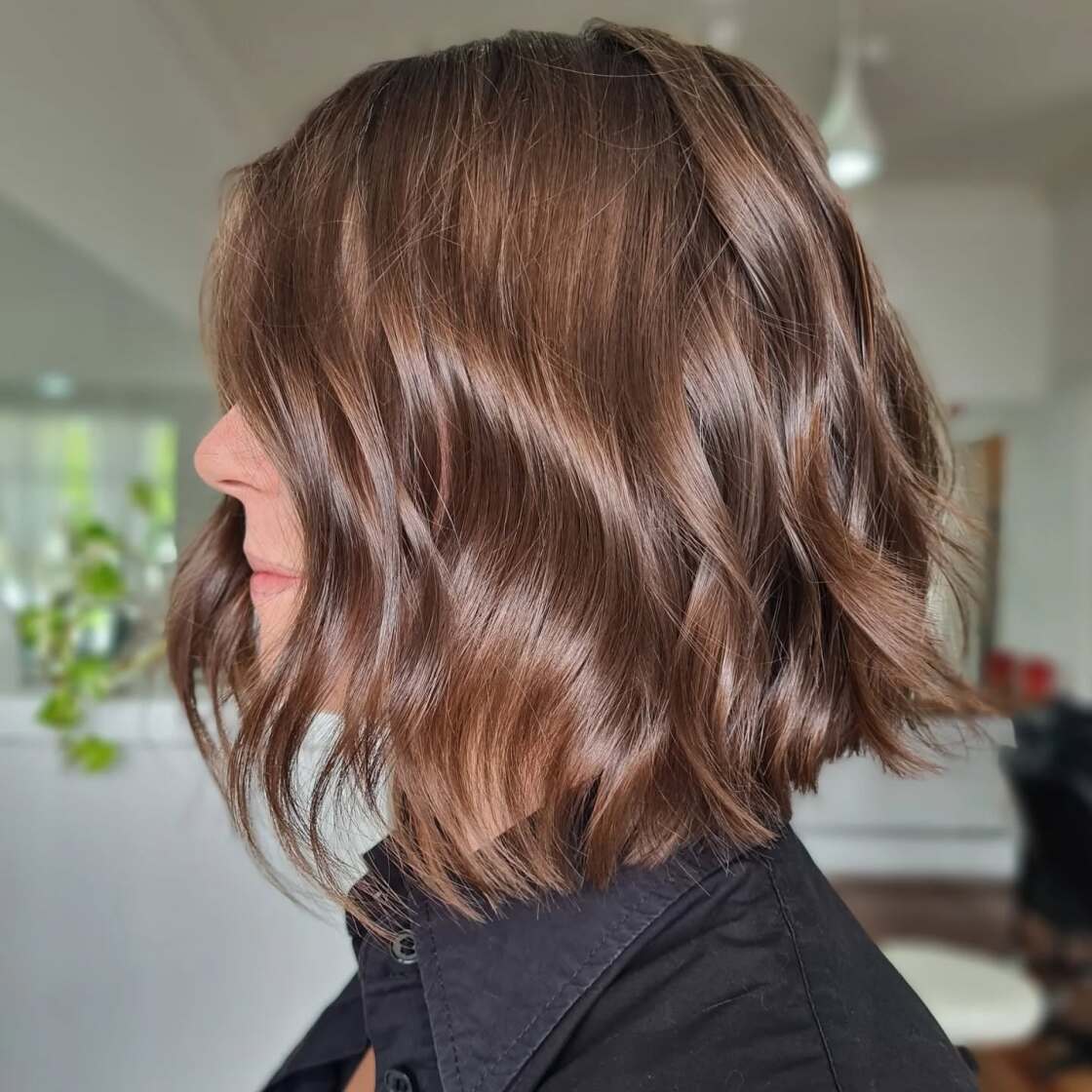 Textured brunette bob from the side