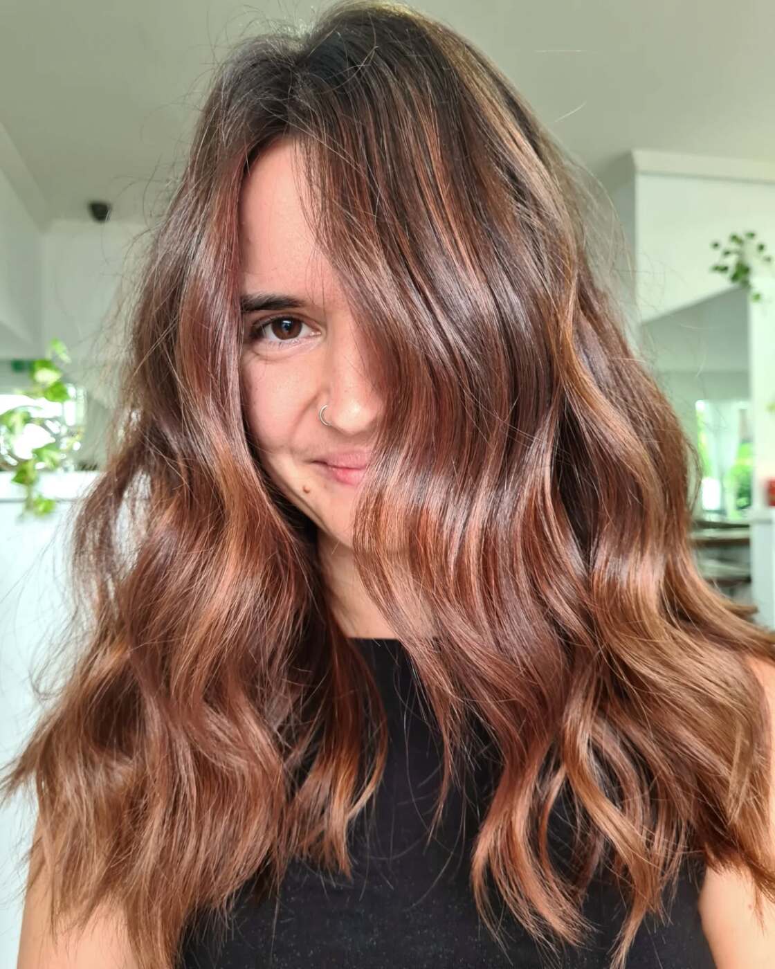 Copper brunette lived-in colour with soft waves